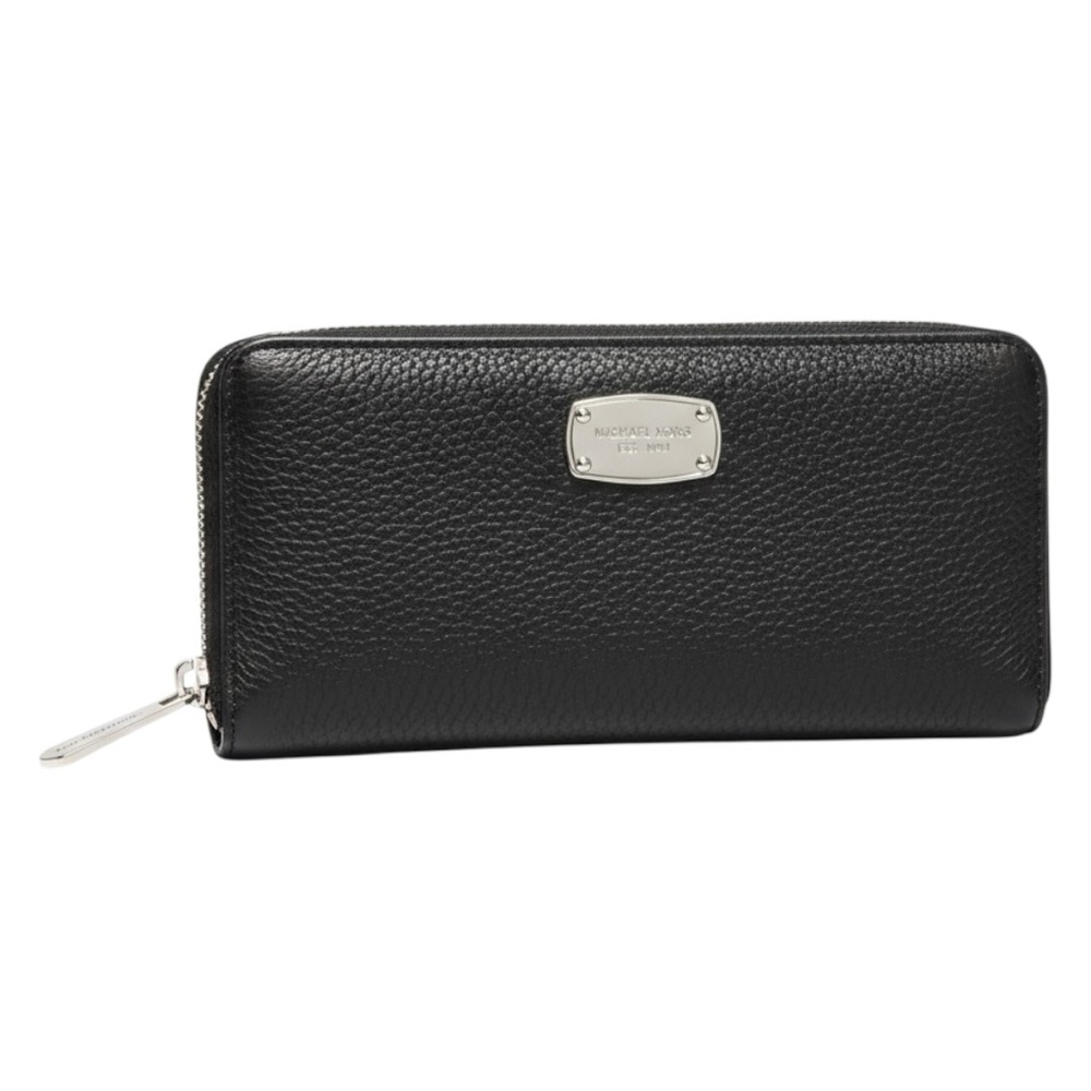 💼 Michael Kors Black Pebbled Leather Zip-Around Wallet | Logo Plate